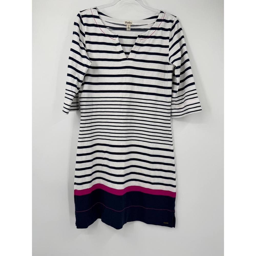 Hatley Womens Navy White Striped Cotton V-Neck 3/4 Sleeve T-Shirt Dress Size M